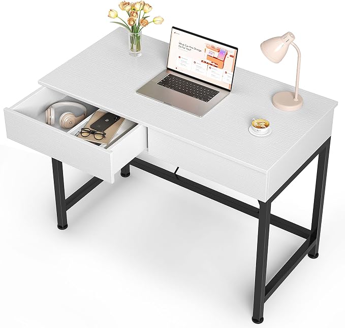 Mexin Small White Desk with 2 Wooden Drawers, 40 Inch Home Office Writing Desk, White Vanity Desk with Storage, Computer Desk for Bedroom Small Spaces, Table for Office, Work, Kids Study, Makeup by Mexin