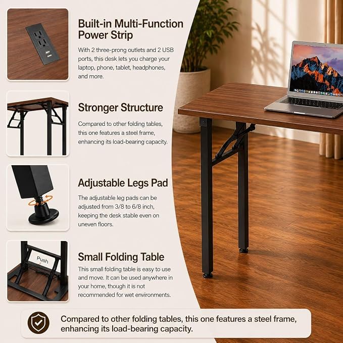Folding Table Computer Desk - 55.1" No Assembly Folding Desk with Power Outlets & USB Charging Port, Small Desk, Foldable Office Desk, Compact Storage Portable Use for Small Space, Dark Walnut - Image 8