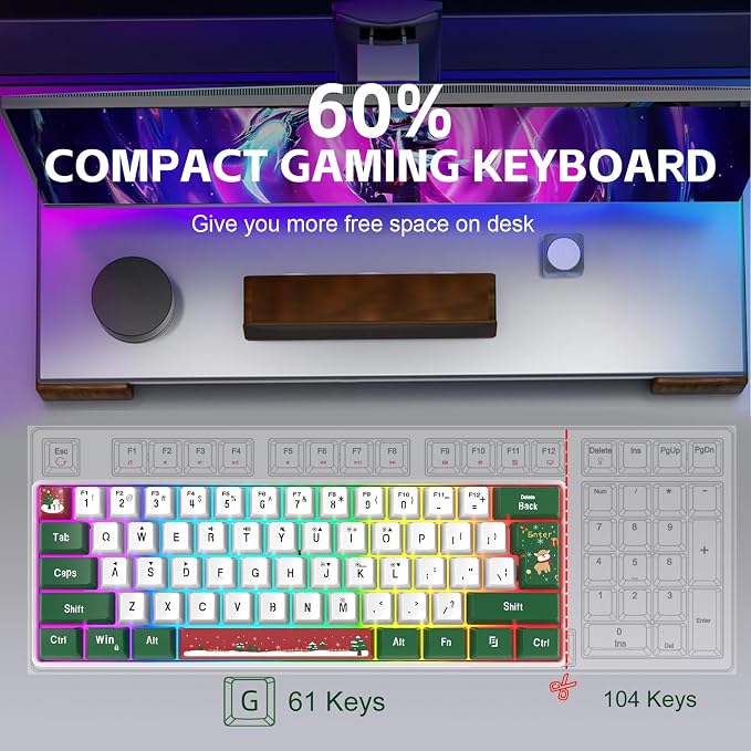 Snpurdiri 60% Wired Gaming Keyboard, RGB 61-Key (Red Green White) | Backlit Small Ultra-Compact 60 Percent Gaming Keyboard for PC/Mac Gamer, Typist, Travel, Easy to Carry on Business Trip - Image 2