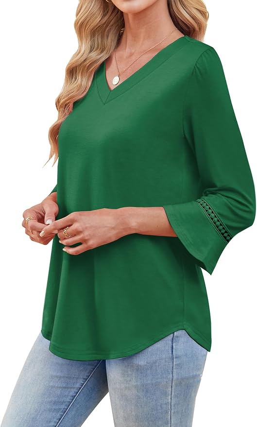 WIHOLL Womens Blouses Dressy Casual 3/4 Length Sleeve Tops Lace Trendy 2026 Spring Summer V Neck Shirts Vacation Outfits - Image 4