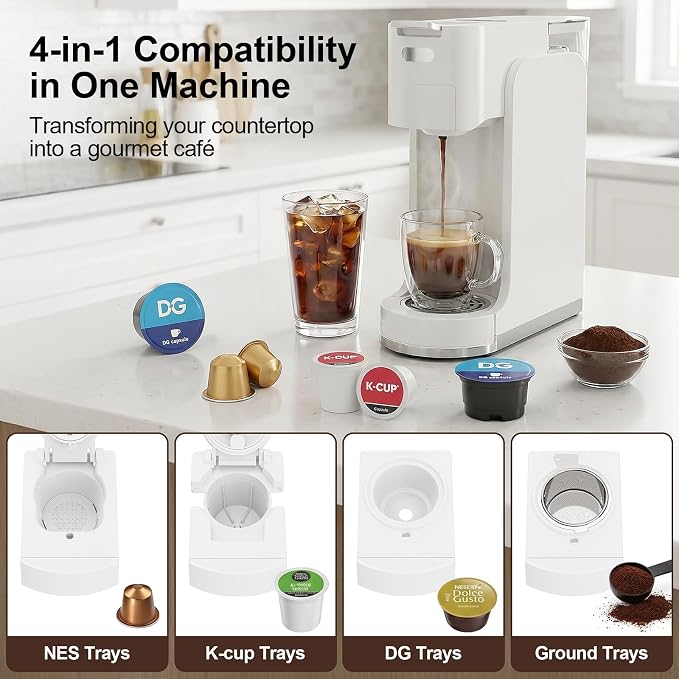 Single-Serve Coffee Maker, 4 in 1 Hot and Iced Coffee Machine, 20-Bar Espresso Coffee Maker for Ground Coffee, K-Cup Pod, NES Original and DG Pod, Customizable Brew Volume, Heats up in 3 seconds - Image 2