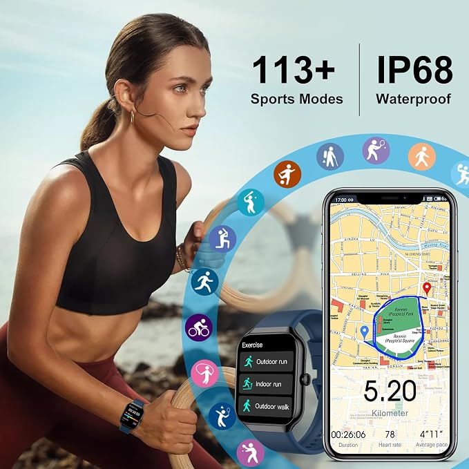 Smart Watch for Men Women (Answer/Make Call), 1.96"HD Smartwatch with Heart Rate/Sleep Monitor/Pedometer/Calories, 113+ Sports Fitness Watch, IP68 Waterproof Activity Tracker for Android iOS-Blue - Image 3