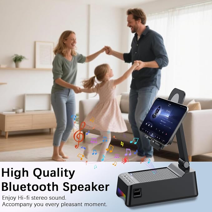 Wireless Induction Speaker 5-in-1 Bluetooth Speaker with Phone Stand, Father's Day Present, Stereo Sound 8 RGB Ambient Light, 360° Rotation Adjustable Desktop Stand for iOS Android - Image 3