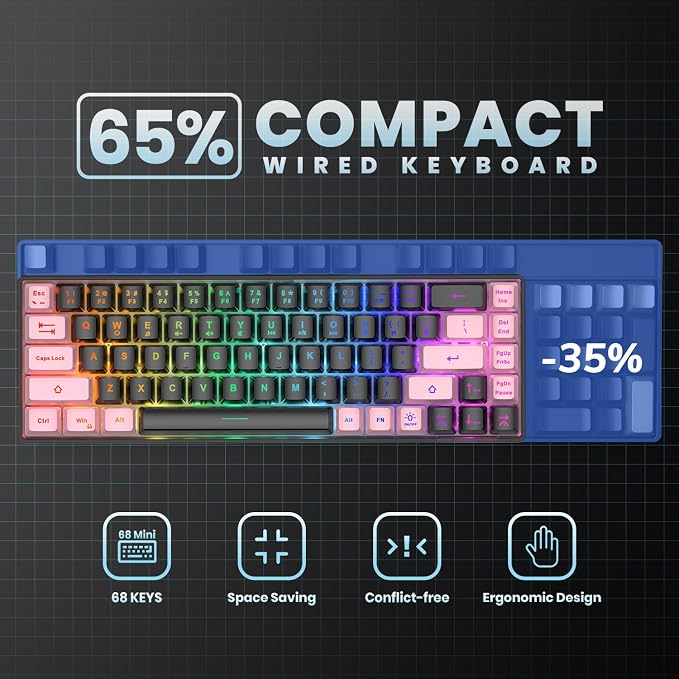 GEODMAER 65% Gaming Keyboard, LED Backlit, Ultra-Compact Anti-Ghosting No-Conflict 68 Keys Membrane Gaming Wired Keyboard for PC Laptop Windows Gamer(Black-Pink) - Image 4