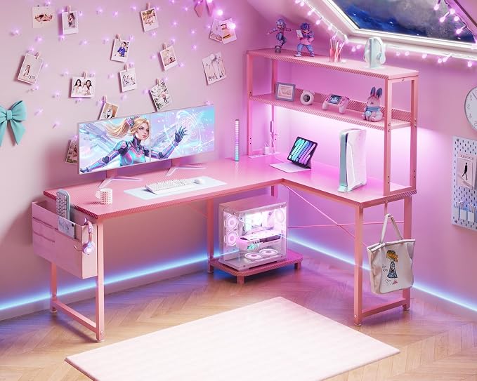 ODK 53" L Shaped Gaming Desk with Shelves, LED & Outlets, Pink | Headset hook. Storage bag. Shelves for makeup & gaming gear. LED for late-night gaming. Reversible. Fits dual monitors. - Image 2
