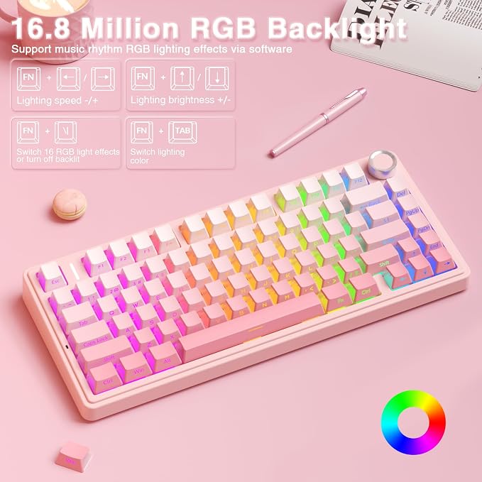 AULA F75 Pro Wireless Mechanical Keyboard Silent Version,75% Hot Swappable Custom Keyboard with Knob,RGB Backlit,Pre-lubed Switches,Side Printed PBT Keycaps,2.4GHz/USB-C/BT5.0 PC Gaming Keyboards,Pink - Image 4