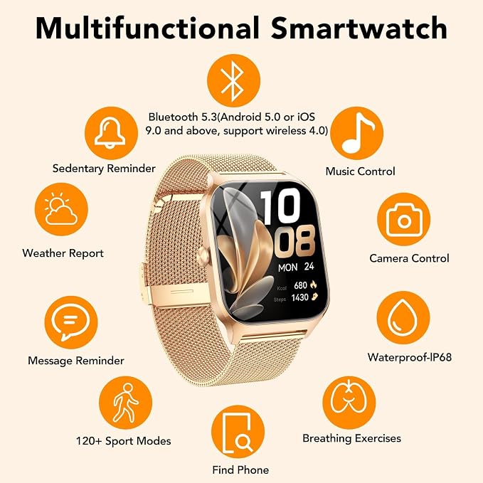 Smart Watch for Women with Bluetooth Calling, Fashion Fitness Tracker, 1.85" HD Touch Screen, AI Voice Assistant, Heart Rate Sleep Monitor, 120+ Sports Modes, Compatible with Android iPhone, 2 Bands - Image 7
