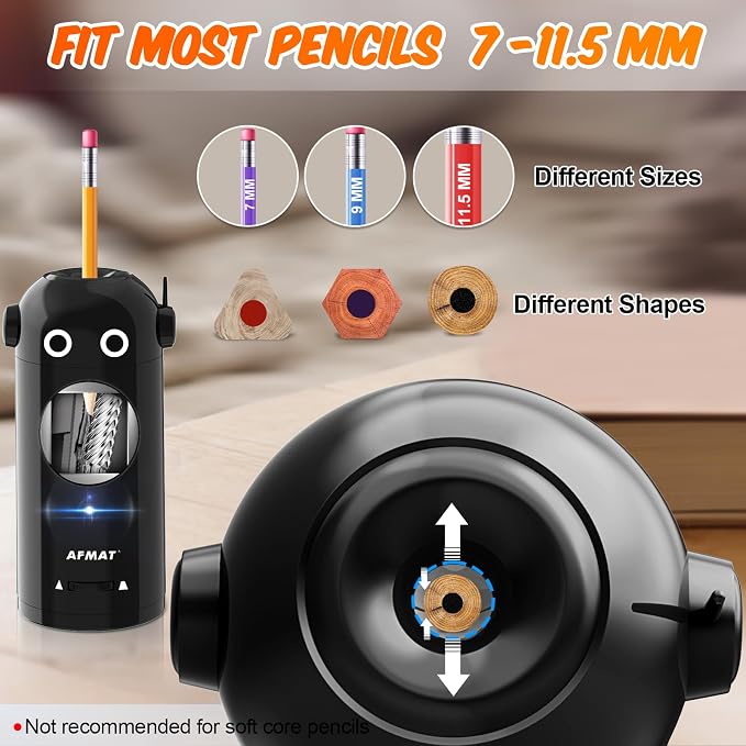 AFMAT Electric Pencil Sharpener for Colored Pencils 7-11.5mm, Fully Automatic Robot Pencil Sharpener, Auto in & Out, Rechargeable Hands-Free for Classroom/Home/Office, Battery Operated, PSX5RB, Black - Image 3