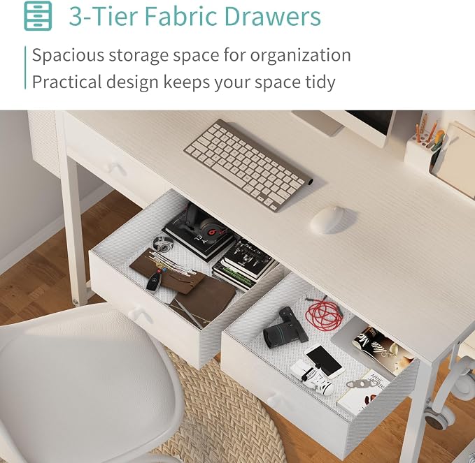 Lufeiya Small White Computer Desk with Drawers for Home Office Bedroom, 40 Inch Vanity Desk with Fabric Drawer Storage and Side Pouch, Study Writing Table, White - Image 4