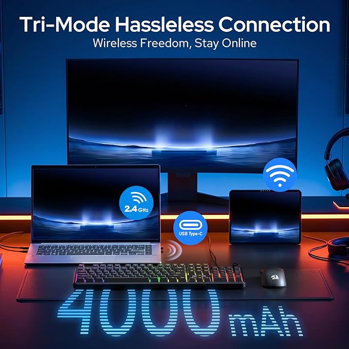 Redragon K526 PRO Wireless RGB Membrane Gaming Keyboard, LED Screen & Knob | See Battery, Mode & Time at a Glance, 0-Delay Tri-Mode, One-Touch Backlit & Media Adjust, 26-Key Anti-Ghost for Combo-Strike - Image 4