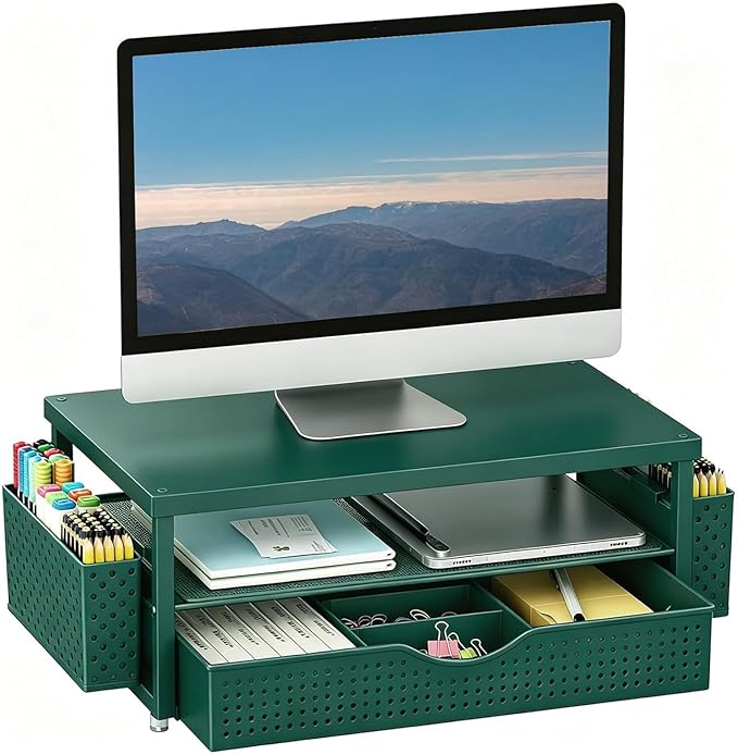 gianotter Desk Organizers and Accessories, Monitor Stand with Drawer and 2 Pen Holder, Desktop Organizer Suitable for Offices and Dormitories (Green-Plain) by gianotter