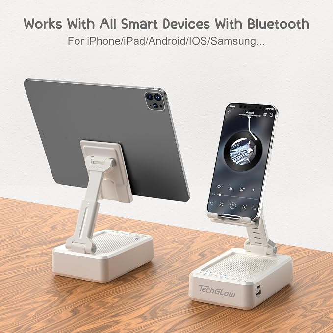 TechGlow Foldable Cellphone Stand with Bluetooth Speaker and Charging Function Birthday Gifts for Men Women Mother Father Brother Sister Teens Cool Tech Gadgets-White - Image 6
