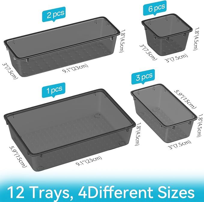 12 PCS Drawer Organizer Set, Makeup Organizers, Tool Storage Trays, Black | 4 Sizes, Plastic, Stackable, Multiple Gadgets, Desk Drawer Divider Organizers, for Makeup, Office Supplies Storage - Image 2