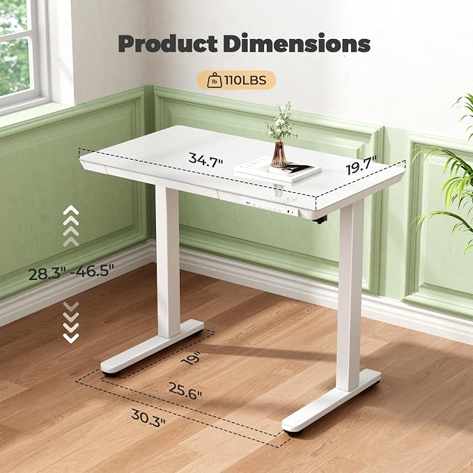 35" Electric Standing Desk with Drawer, One-Piece Glass Top | Quick Install One-Piece Tabletop with USB Charging Ports, Sit Stand Computer Desk with Wheels for Small Space, White - Image 8