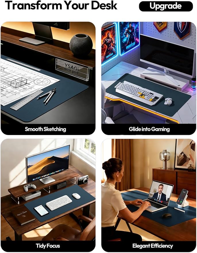 YSAGi Leather Desk Pad Protector, Office Desk Mat, Large Mouse Pad, Non-Slip PU Leather Desk Blotter, Laptop Desk Pad, Waterproof Desk Writing Pad for Office and Home (Dark Blue, 47" x 17") - Image 2