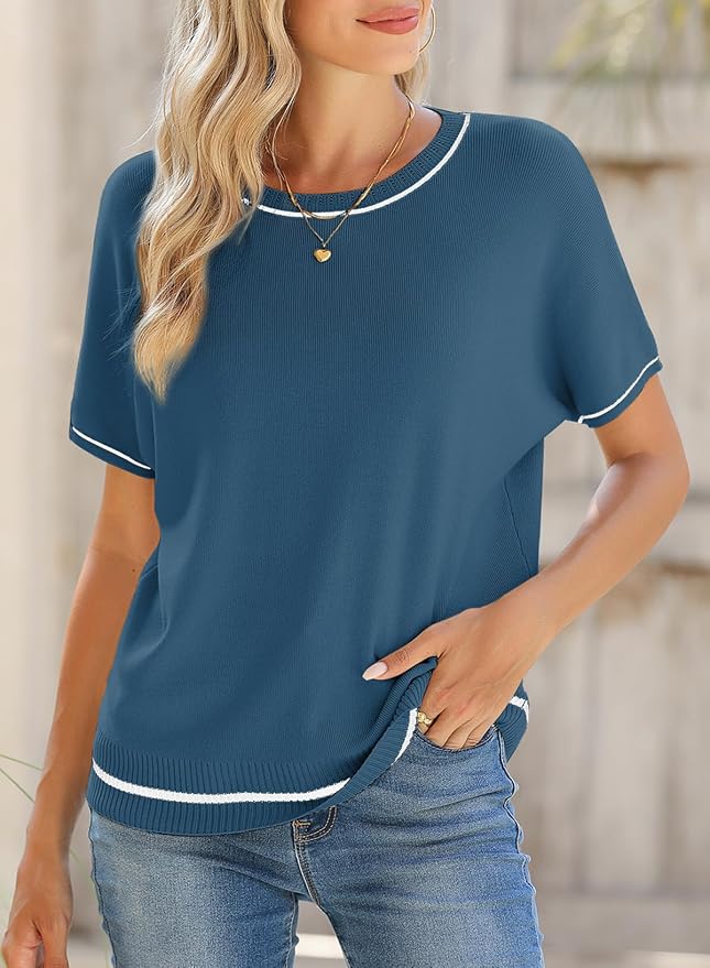 SHEWIN Womens Tops Trendy Short Sleeve Shirts Crewneck Lightweight Knit Sweater Top Business Casual Outfits - Image 2