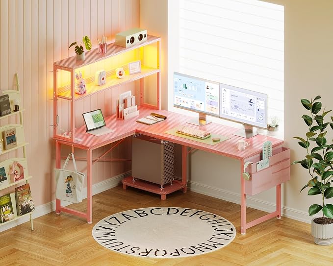 ODK 53" L Shaped Gaming Desk with Shelves, LED & Outlets, Pink | Headset hook. Storage bag. Shelves for makeup & gaming gear. LED for late-night gaming. Reversible. Fits dual monitors. - Image 8