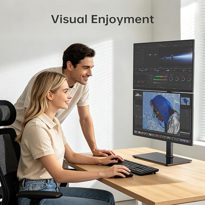 Vertical Dual Monitor Stand for 13-32 Inch Monitors, No Clamp, Freestanding | Supports 44 lbs/Arm | Tempered Glass Base | ±25° Swivel | -5° to +10° Tilt | 8 Height Options | VESA 75×75/100×100 mm - Image 9