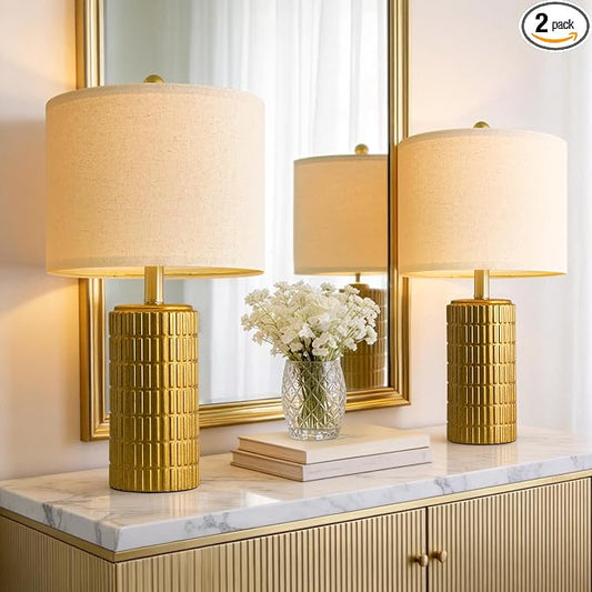 PoKat 20.75" Brass Gold Ceramic Table Lamps Set of 2 for Living Room, Small Retro Bedside Lamps for Bedroom, Nightstand Lamps for Home Decor, Vintage Bronze Decorative Lamp Sideboard Side Table Gifts by Pokat