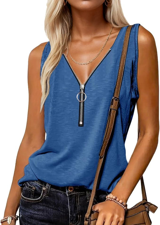 Halife Womens Half Zip V Neck Tank Tops Summer Sleeveless Shirts Casual Loose Top Blouses T Shirts by Halife