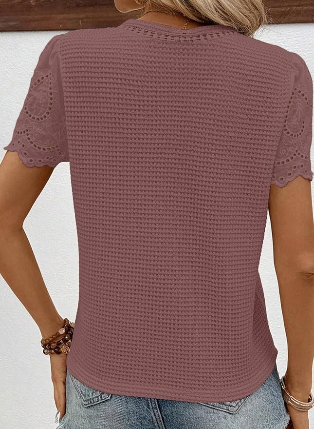 SHEWIN Womens Frenchy Summer Tops Crewneck Short Sleeve T Shirts Casual Waffle Knit Jacquard Blouses Top Shirts - Image 2