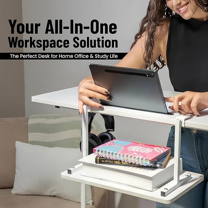 Small Rolling Desk with Wheels, Adjustable Height 27"-43.3" Portable Standing Desk, 31.5"x15.7" Tabletop, Mobile Laptop Computer Table for Home Office Workstation, White - Image 5