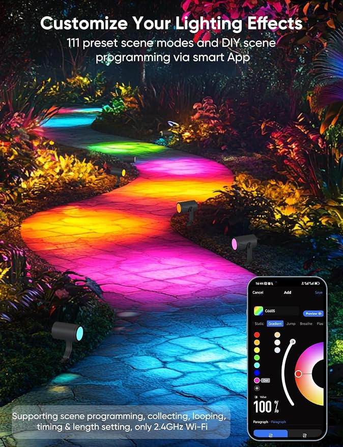 APPECK Smart Landscape Lighting Kit 24W, 4 Pack Outdoor Spot Lights RGBCW | Color Changing Landscape Lights, IP65 Waterproof, 2700-6500K, for Garden Pathway Yard, Daily Holiday Decor, Alexa Compatible - Image 4