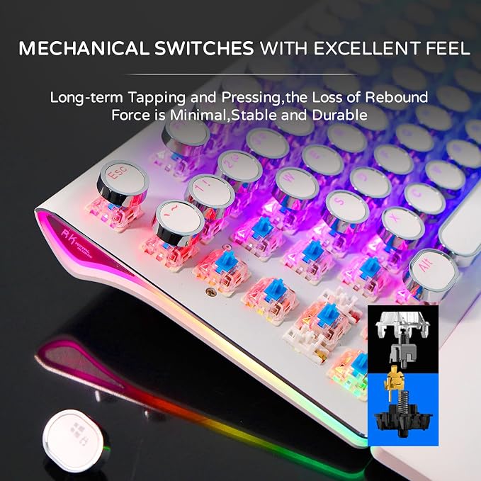 RK ROYAL KLUDGE S108 Typewriter Style Mechanical Gaming Keyboard with RGB Backlit, Wired PC Game Keyboard Full Size with Detachable Wrist Rest and Number Pad, Retro Round Keycaps, Red Switches White - Image 5