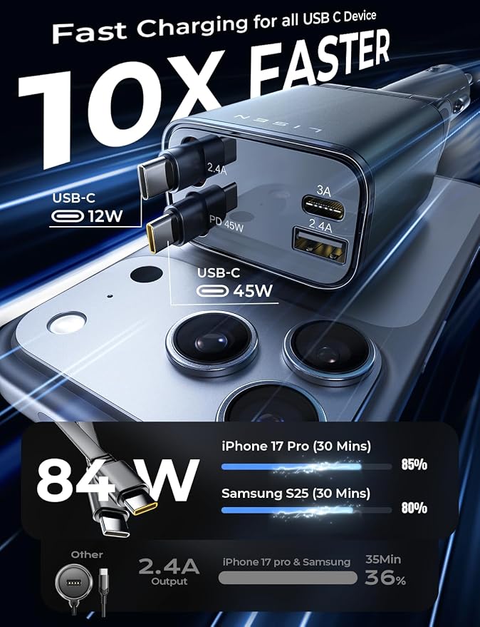 LISEN Retractable Car Charger, Duanl C Retractable Car Chagrer 84W Car Charger USB C Fast Charger Adapter, Car Accessories for Men Women, for iPhone 17 16 15 14 13 12 Pro Max, Grey - Image 3