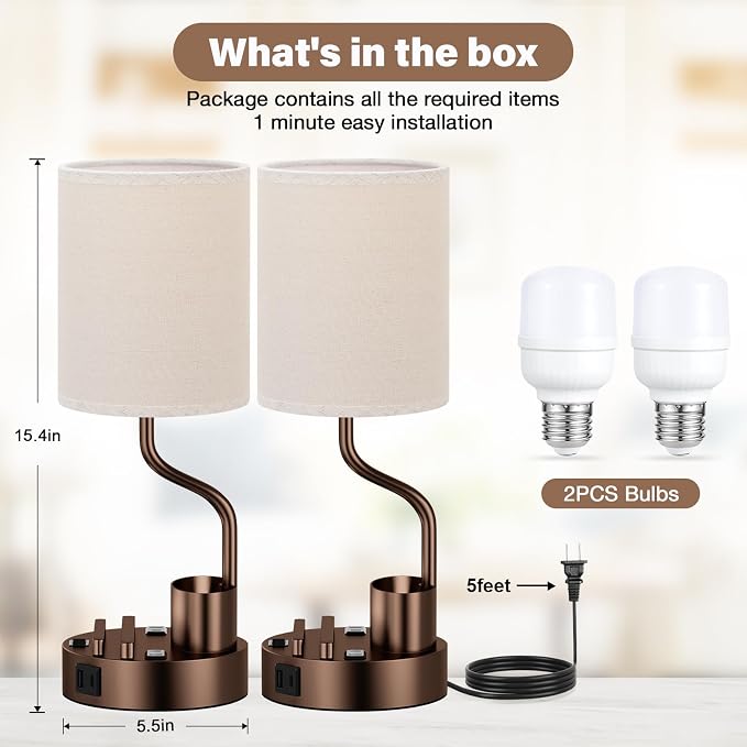 Fenmzee Bedside Lamps for Bedroom Set of 2 - Table Desk Lamp for Nightstand | 15" Table Lamp for Living Room with Pen Holder & Phone Stand, USB A+C Port, AC Outlet, 3 Color Temperature, LED Bulb Included - Image 7