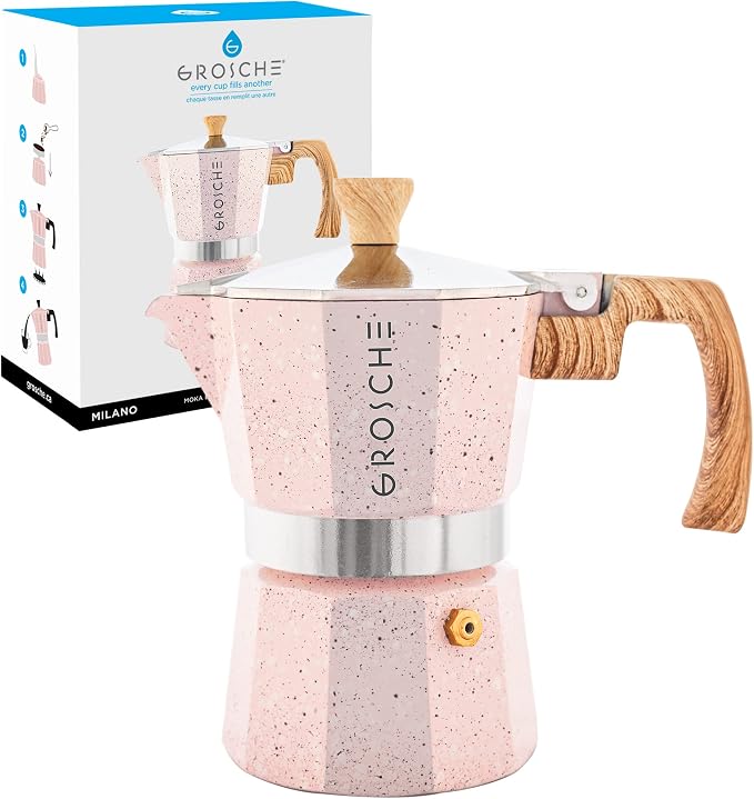 GROSCHE Milano Moka pot, Stovetop Espresso maker, Greca Coffee Maker, Stovetop coffee maker and espresso maker percolator (Pink, 3 cup) | Cuban Coffee Maker And Italian Moka Pot For Stovetop Espresso; For Gas, Electric, And Propane Stoves With A Soft-T... by GROSCHE