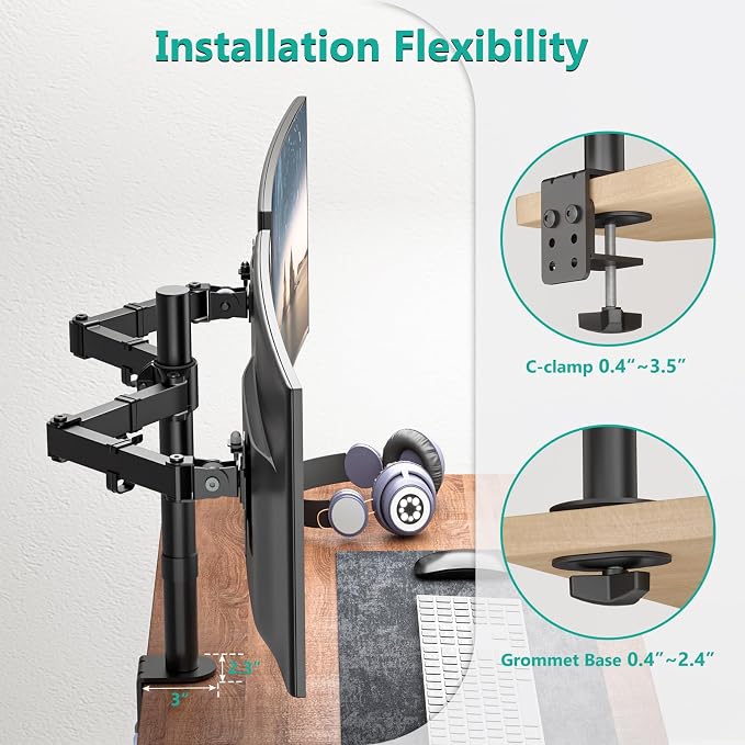 WALI Dual Monitor Stand for Desk, Dual Monitor Mounts for 2 Monitors up to 27 inch, 2 Monitor Desk Mount Holds up to 22 lbs, Height Adjustable Swivel Tilt Rotation, 75x75/100x100mm (M002), Black - Image 6