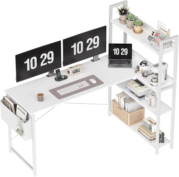 Treesland 55 Inch Computer Desk with Bookshelf, Corner Desk with Storage, L Shaped Desk, Home Office Desks, Writing Study Desk for Bedroom, White by Treesland