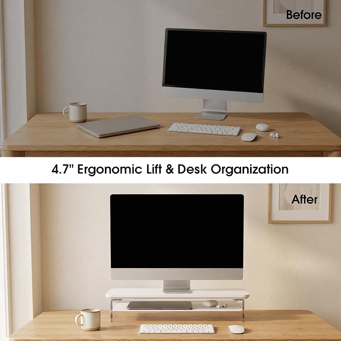 Fenge 23.6" Monitor Stand with Clear Acrylic Legs, White | Clear acrylic, storage compartment, 2-tier home office monitor riser, wide large desktop shelf fit monitor/laptop/printer - Image 6