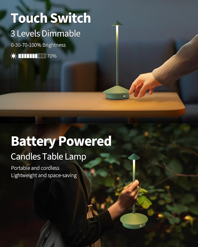 Modern Cordless Table Lamp Set of 2, Green Portable LED Desk Lamps | 4000mAh, Rechargeable, Battery Operated Lighting for Bedroom, Dining Room, Restaurant, Coffee Shop, Camping, Night Light - Image 4
