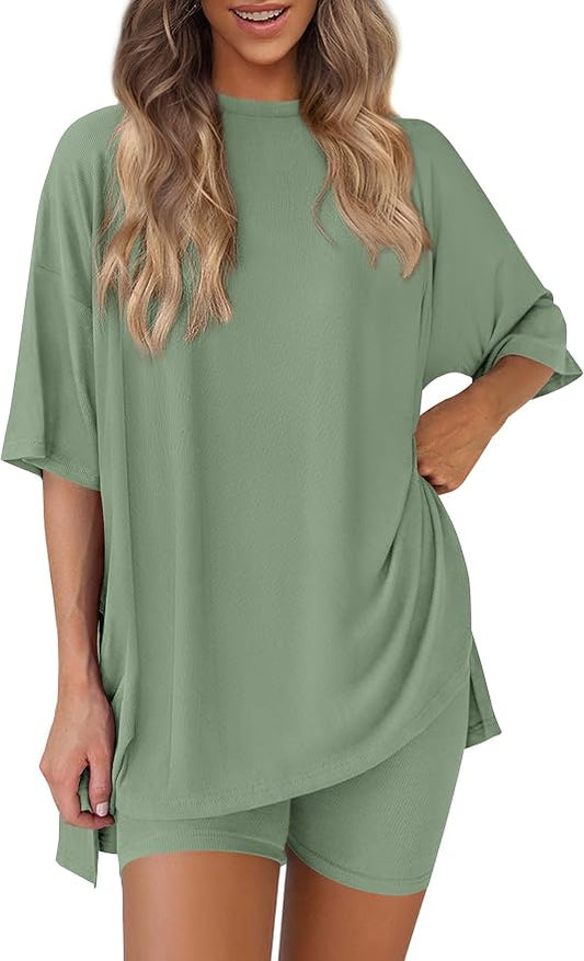PRETTYGARDEN Women 2 Piece Lounge Set 2026 Summer Casual Oversized Shirts Biker Shorts Matching Airport Travel Outfit Clothes by PRETTYGARDEN