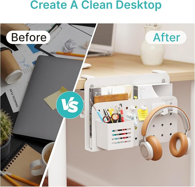 PEGZONE Desk Side Storage Organizer, Fits Flat Edge 0.4" to 2.2", White | No Drill Under Desk Laptop Holder, Clamp on Desks Shelf with Pegboard Accessories, Hanging Laptop Mount - Image 7