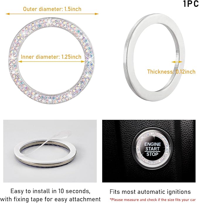 Kewucn Bling Crystal Double Rhinestone Car Engine Start Decoration Ring, Sparkling Push Start Button Sticker, Key Ignition & Knob Ring Decoration, Bling Car Interior Accessory(AB) - Image 2