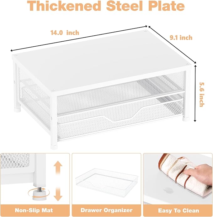 OPNICE Computer Monitor Stand Riser, Desk Organizer with Drawer, Printer & Laptop Stand, Office Desk Accessories & Workspace Desktop Organizers Storage for Office Supplies(White) - Image 2
