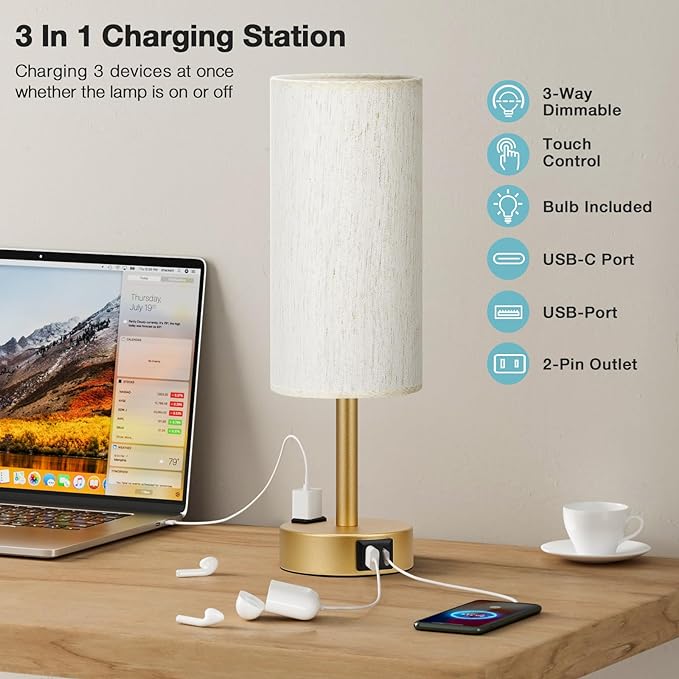 Fenmzee Gold Nightstand Bedroom Lamp - 3 Way Dimmable Bedside Lamp USB C A Charging Ports and AC Outlet, Small Table Lamp Linen Lampshade for Office Desk, LED Bulb Included - Image 3