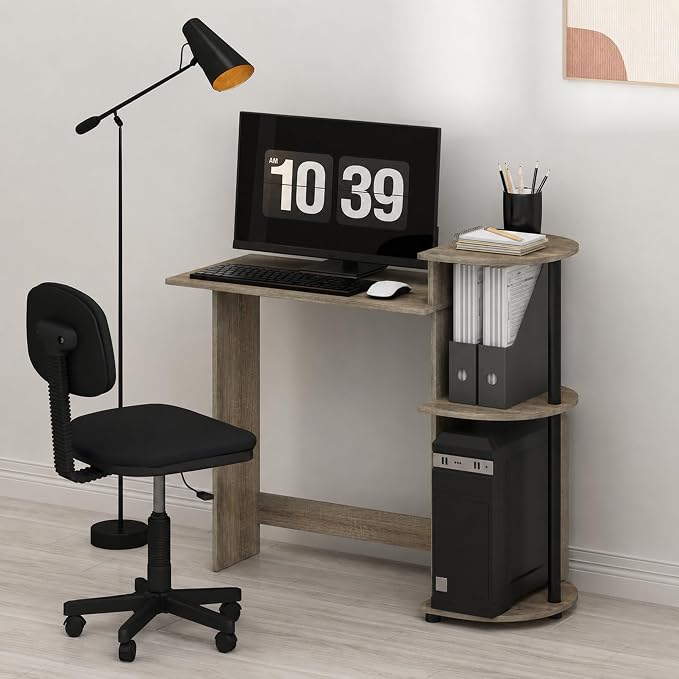 Furinno Compact 29-Inch Grey Computer Desk, Gaming Desk with Shelves, Office Desk with Book Shelf, for Home Office, Study Room, Dorm, Bedroom, Grey Oak by Furinno-FitsYourSpaceFitsYourBudget