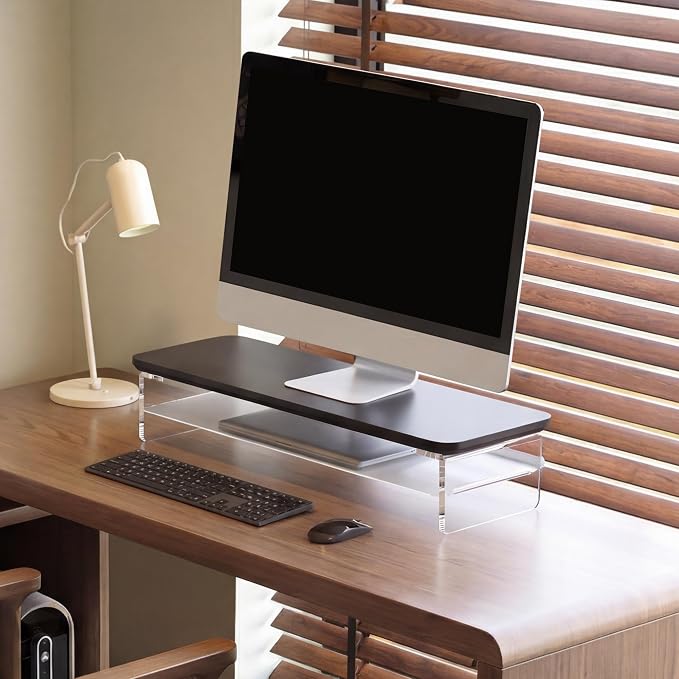 Fenge 23.6" Monitor Stand with Clear Acrylic Legs, Black | Clear acrylic, storage compartment, 2-tier home office monitor riser, wide large desktop shelf fit monitor/laptop/printer - Image 7