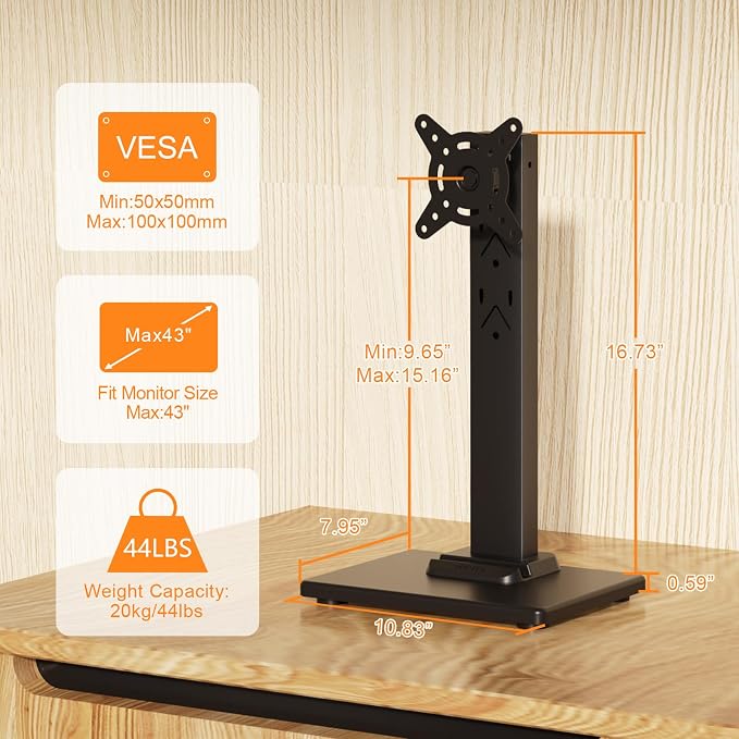 Suptek Single LCD Monitor Stand Mount Riser for 13-43 Inch Screen | Holds up to 44lbs, Free-Standing, Swivel, Height Adjustable, Rotation, 50-100mm VESA Base - Image 2