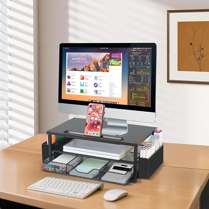 AUPSEN Wood Computer Monitor Stand Riser, 2-Tier Black Desk Organizer with Drawer, Pen Storage & Phone Holder ，Office Desk Accessories Desktop Organizer for Office Supplies - Image 5
