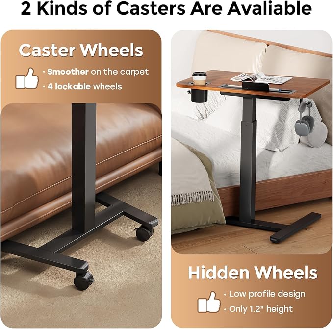 28" Mobile Standing Desk with Drawer, Portable Laptop Desk | Rolling Desk with Cup Holder and Hooks, Height Adjustable Computer Cart with Storage, Lockable & Hidden Wheels, Dark Wood - Image 8