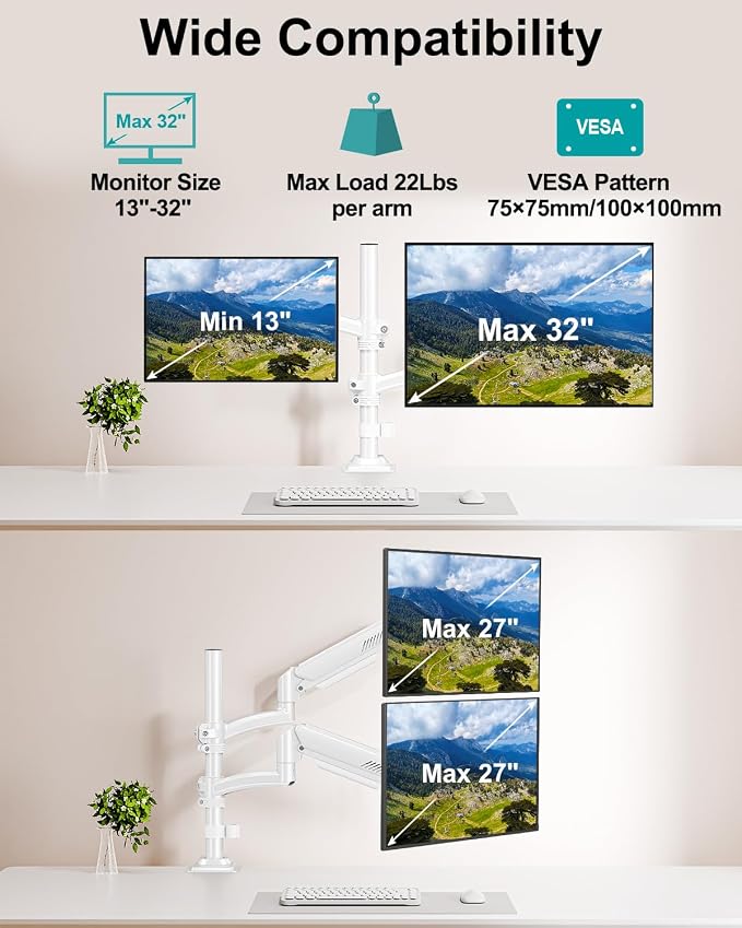 Dual Monitor Stand for 2 Screens up to 32 inch, Vertical Stacked Dual Monitor Mount, Full Motion Adjustable Tall Double Monitor Desk Mount, Each Arm Holds 4.4-22lbs, VESA 75/100mm, White, Freelift - Image 5