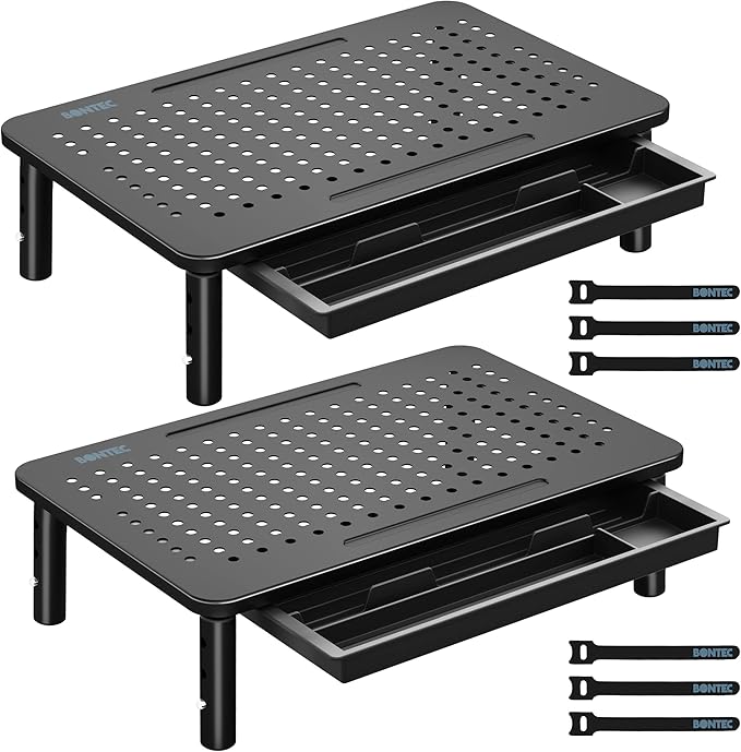 BONTEC 2 Pack Adjustable Monitor Stand Riser with Drawer, Supports 44lbs | Ergonomic Mesh Platform for Desk, Ventilated Laptop and PC Use with Cable Management for a Cooler, Organized Workspace by BONTEC