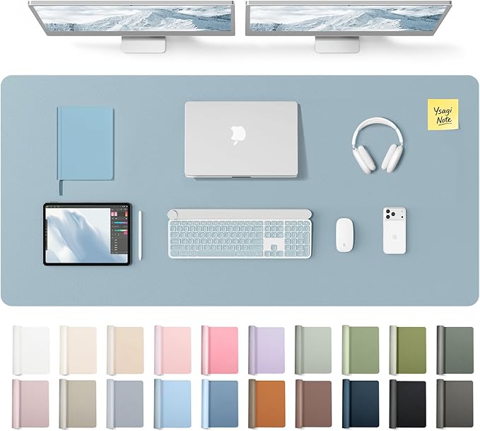 YSAGi Leather Desk Pad Protector, Office Desk Mat, Large Mouse Pad, Non-Slip PU Leather Desk Blotter, Laptop Desk Pad, Waterproof Desk Writing Pad for Office and Home (Ice Blue,55" x 24") by YSAGi