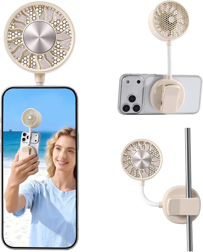 Magnetic Phone Fan with Ice Cooling, 3-in-1 Clip on Fan & Phone Stand, Rechargeable Mini Handheld Fan, 360° Flexible Gooseneck Portable Fan for Cruise Travel Desk Gym Makeup,（Beige） by Blissfuhue