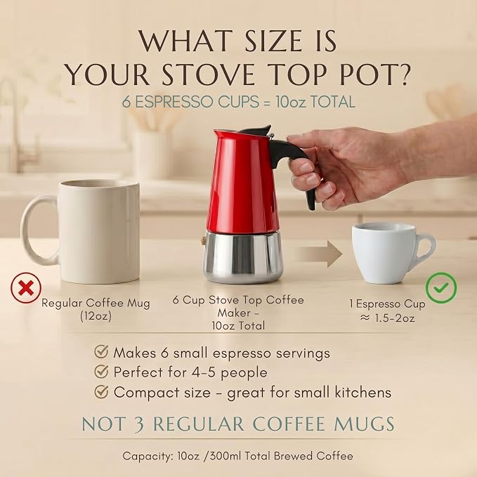 Mixpresso 6 Cup Greca Moka Pot Red Stainless Steel Stovetop Espresso Maker | 300ml/10oz Italian stovetop coffee maker with classic percolator design, ideal for preparing coffee at home or while camping - Image 9